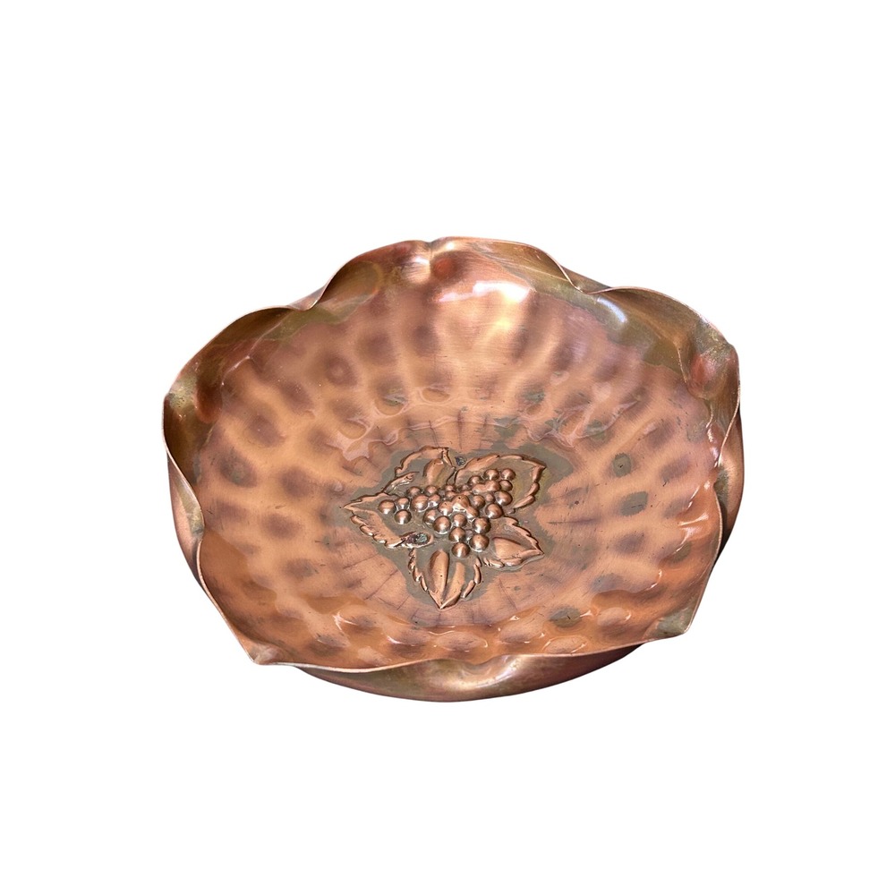 Vintage Gregorian Copper Floral Bowl Pedestal Dish Hand Hammered Signed 6.75"‎